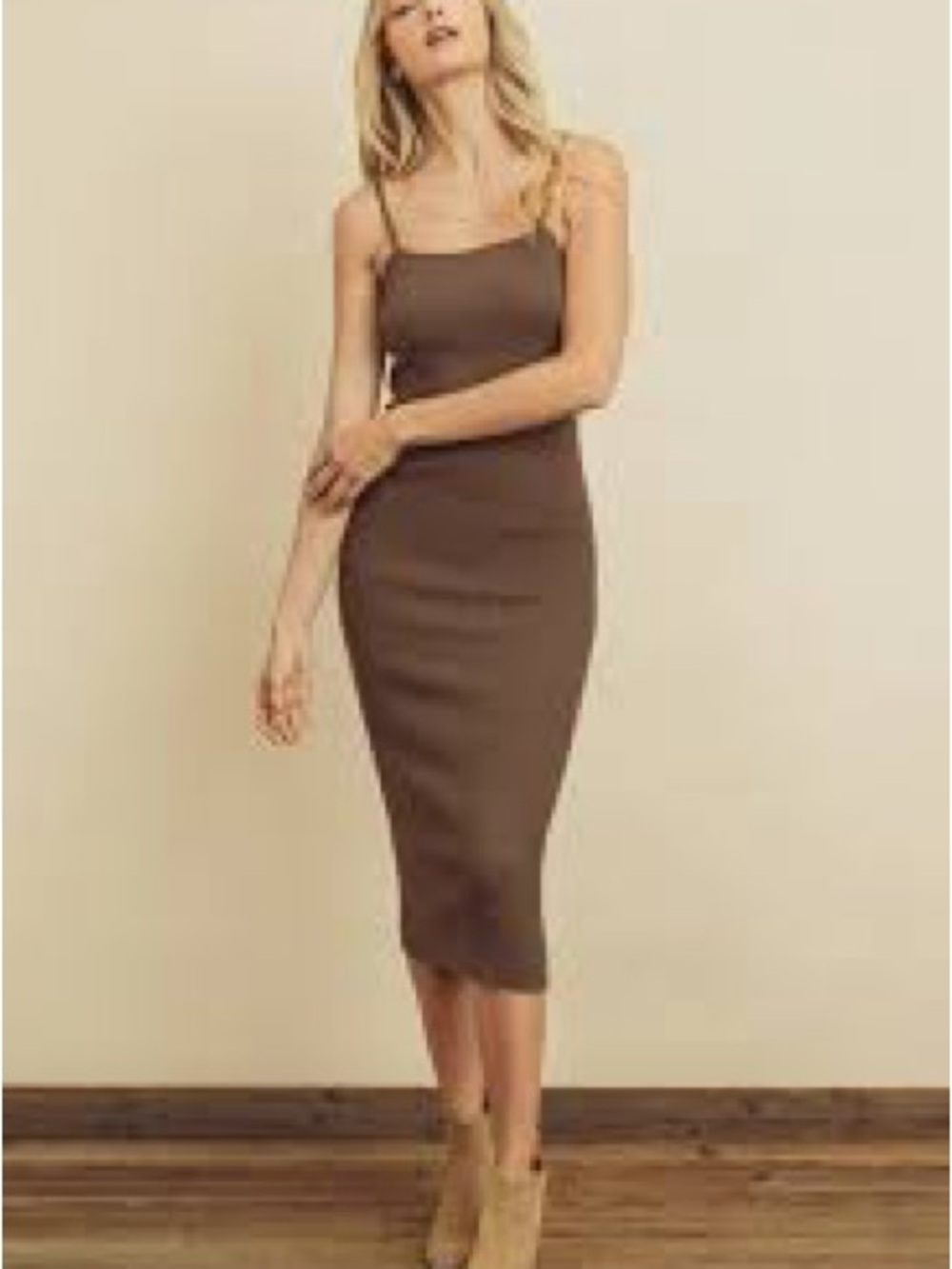 Dress Forum Body Contour Ribbed Midi Dress Brown Strappy Size M